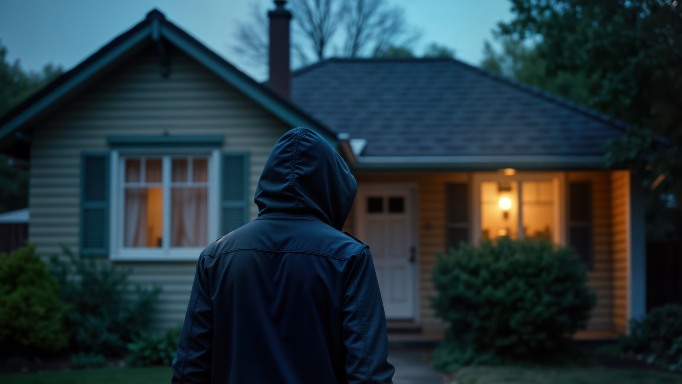 Person in a hooded jacket standing in front of a house in the late evening